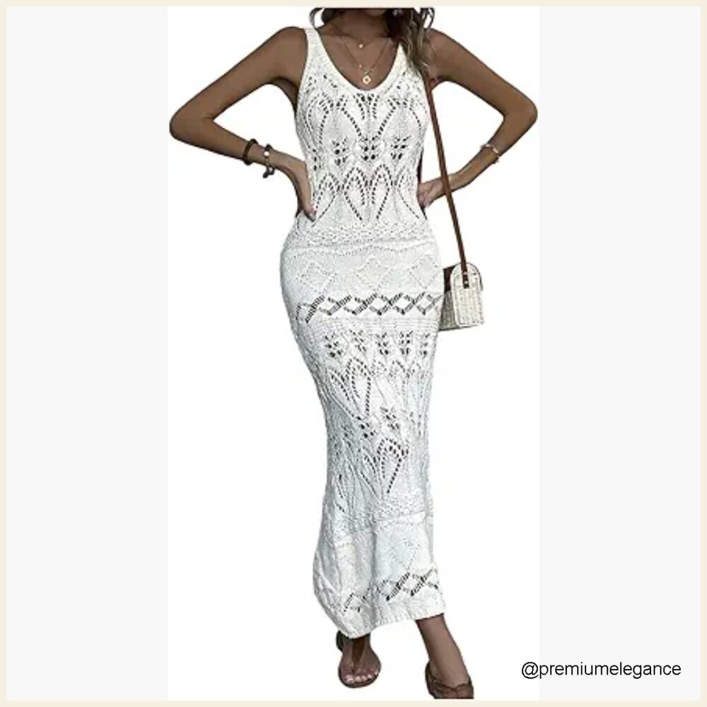 Sheer Maxi Tank Dress Boho Crochet Cover Up Beach Vacation Outfit